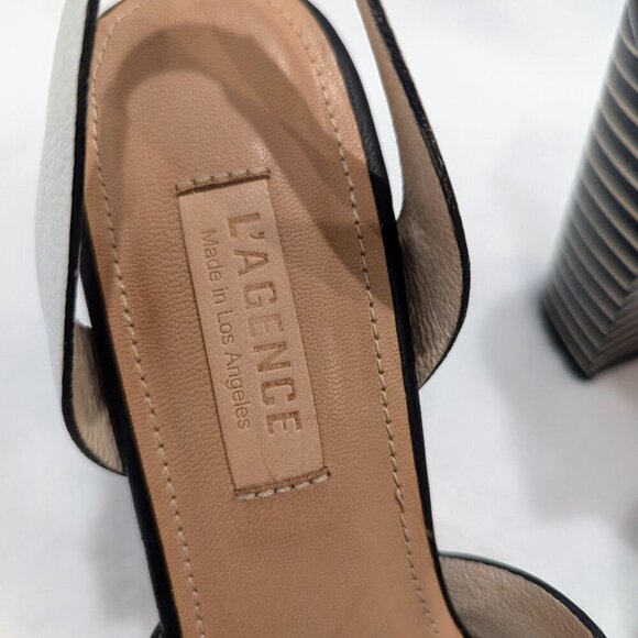 L'AGENCE Contrast Striped Heel Sandals 7.5 Black White Criss Cross Straps - Picture 8 of 12